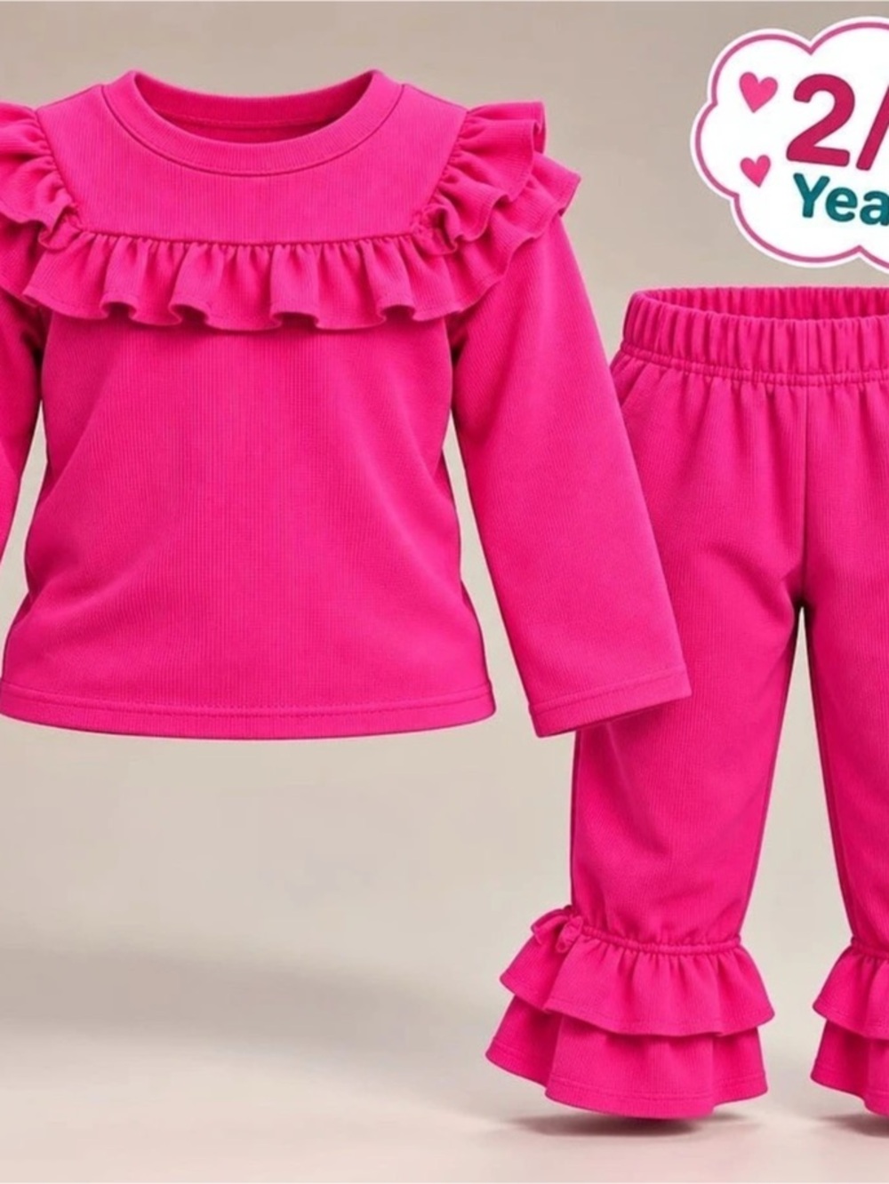 Children's Ruffled Long Sleeve Top and Flare Pants Set Pink Girls 2/3 Years